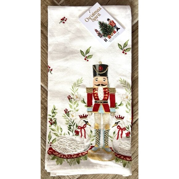 NUTCRACKER CHRISTMAS Dish Kitchen Towel Set 2 Red Jacket Embroidered Swans NICE - Picture 1 of 10